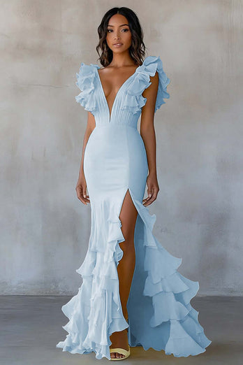 Dusty Blue Mermaid Ruffled Chiffon Long Formal Dress with Slit