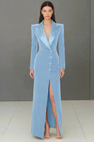Load image into Gallery viewer, Navy Peak Lapel Velvet Single Breasted Long Blazer Dress with Slit