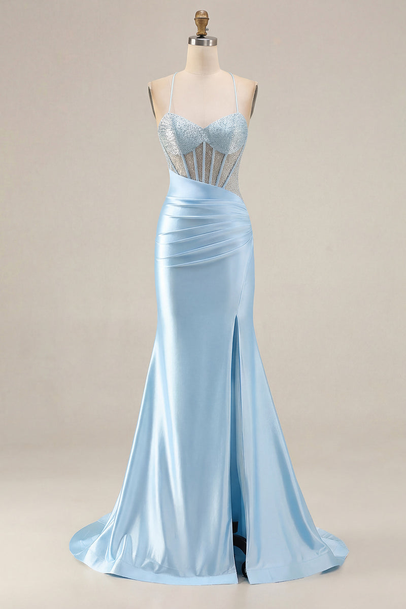 Load image into Gallery viewer, Sparkly Pink Mermaid Long Corset Prom Dress with Slit