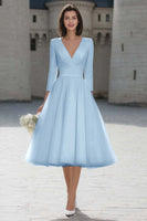 Load image into Gallery viewer, Ivory A Line V-Neck Midi Wedding Dress with Sleeves