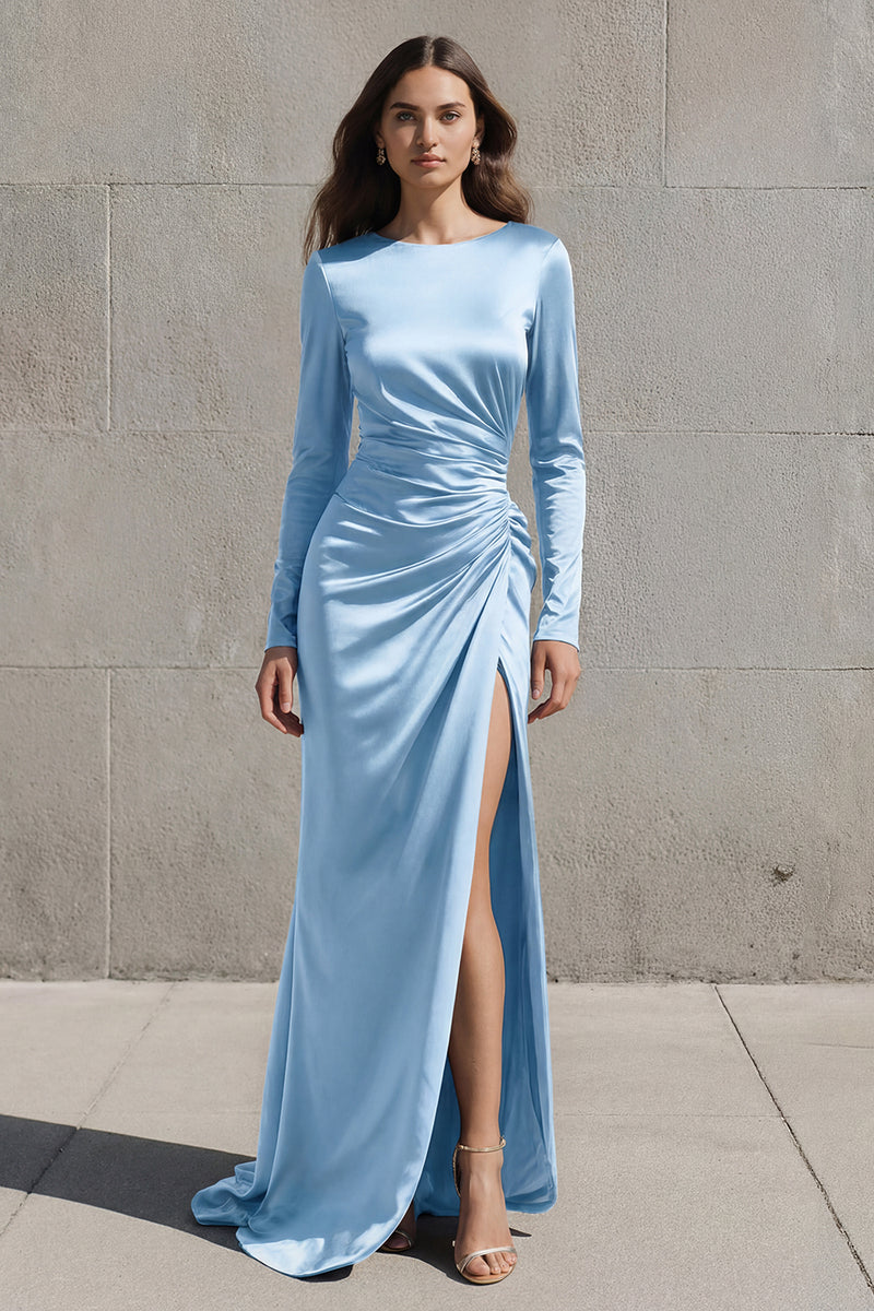 Load image into Gallery viewer, Olive Boat Neck Mermaid Long Sleeves Satin Evening Dress with Slit