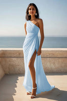 Load image into Gallery viewer, Chiffon One Shoulder Ruched Ivory Maxi Rehearsal Dinner Dress with Slit