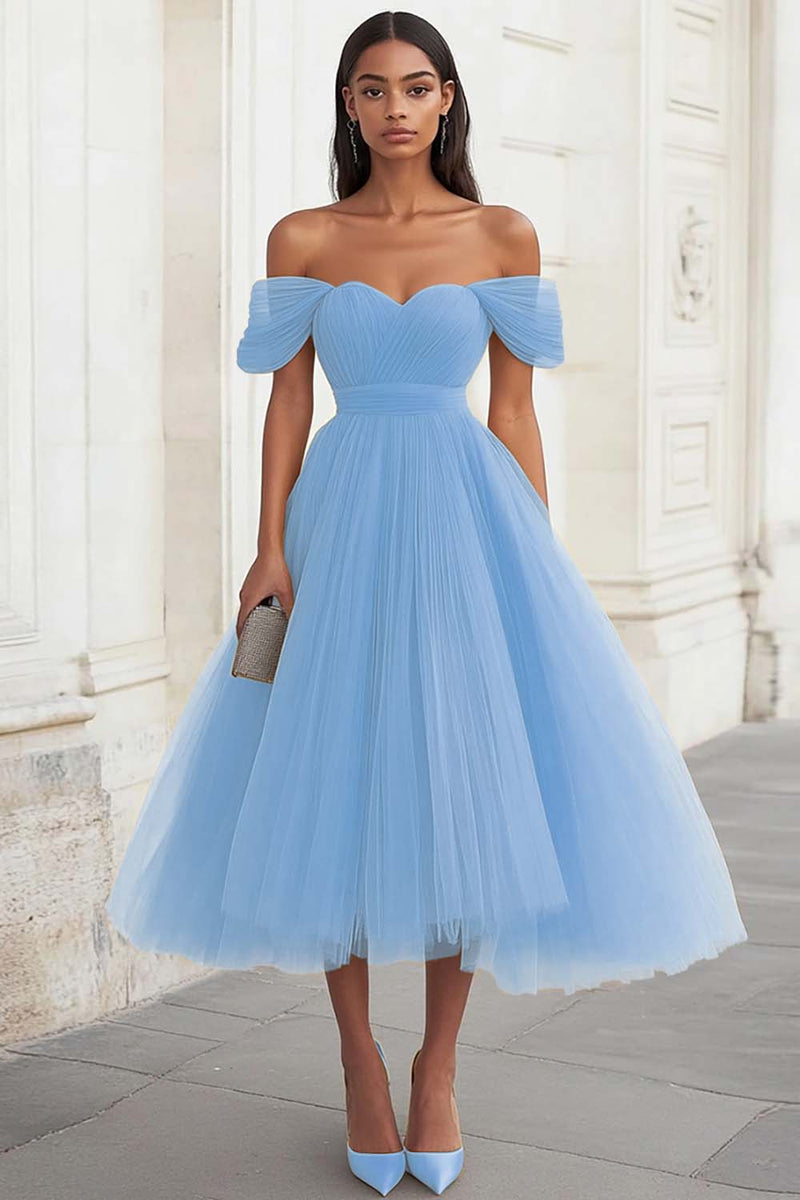 Load image into Gallery viewer, Yellow Tulle Off the Shoulder Midi Formal Dress