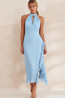 Load image into Gallery viewer, Navy Chiffon Ruffled Halter Ankle Length Work Dress with Slit