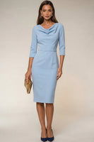 Load image into Gallery viewer, Navy Cowl Neck Pencil Midi Work Dress