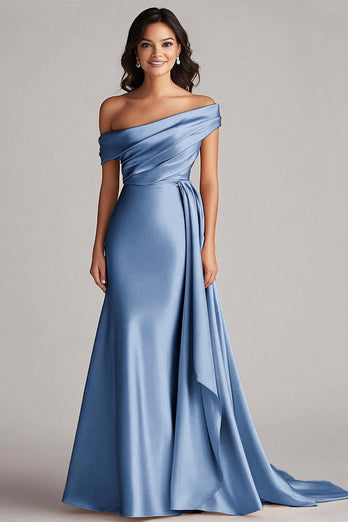 Elegant Off the Shoulder Eucalyptus Long Formal Dress with Side Cape