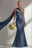 Load image into Gallery viewer, Burgundy Mermaid Neck Scarf Satin Ruched Long Prom Dress