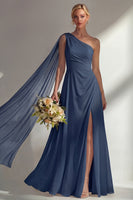 Load image into Gallery viewer, Burgundy One Shoulder Ruched A Line Long Beach Wedding Guest Dress with Side Cape