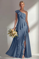 Load image into Gallery viewer, Mint One shoulder Ruffled A Line Long Beach Wedding Guest Dress with Slit