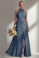 Load image into Gallery viewer, A Line High Neck Butter Yellow Ruffled Long Beach Wedding Guest Dress with Slit