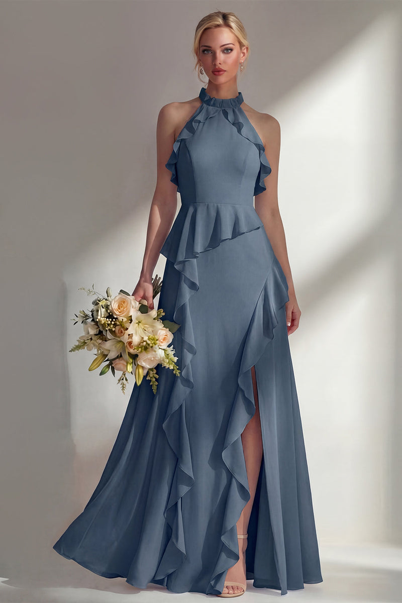 Load image into Gallery viewer, A Line High Neck Butter Yellow Ruffled Long Beach Wedding Guest Dress with Slit