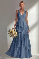 Load image into Gallery viewer, V-Neck Lilac A Line Long Beach Wedding Guest Dress with Ruffles