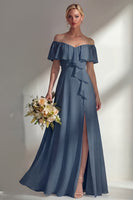 Load image into Gallery viewer, Off the Shoulder Ruffled A Line Burgundy Long Beach Wedding Guest Dress with Slit