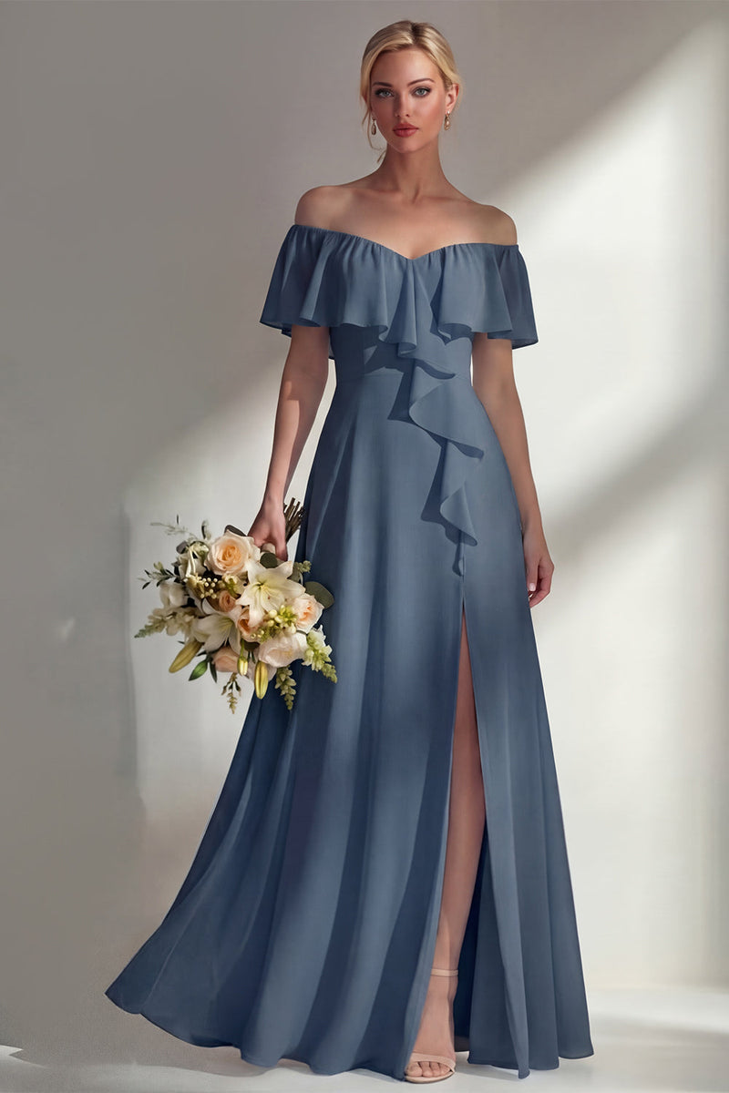 Load image into Gallery viewer, Off the Shoulder Ruffled A Line Burgundy Long Beach Wedding Guest Dress with Slit