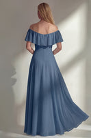 Load image into Gallery viewer, Off the Shoulder Ruffled A Line Burgundy Long Beach Wedding Guest Dress with Slit