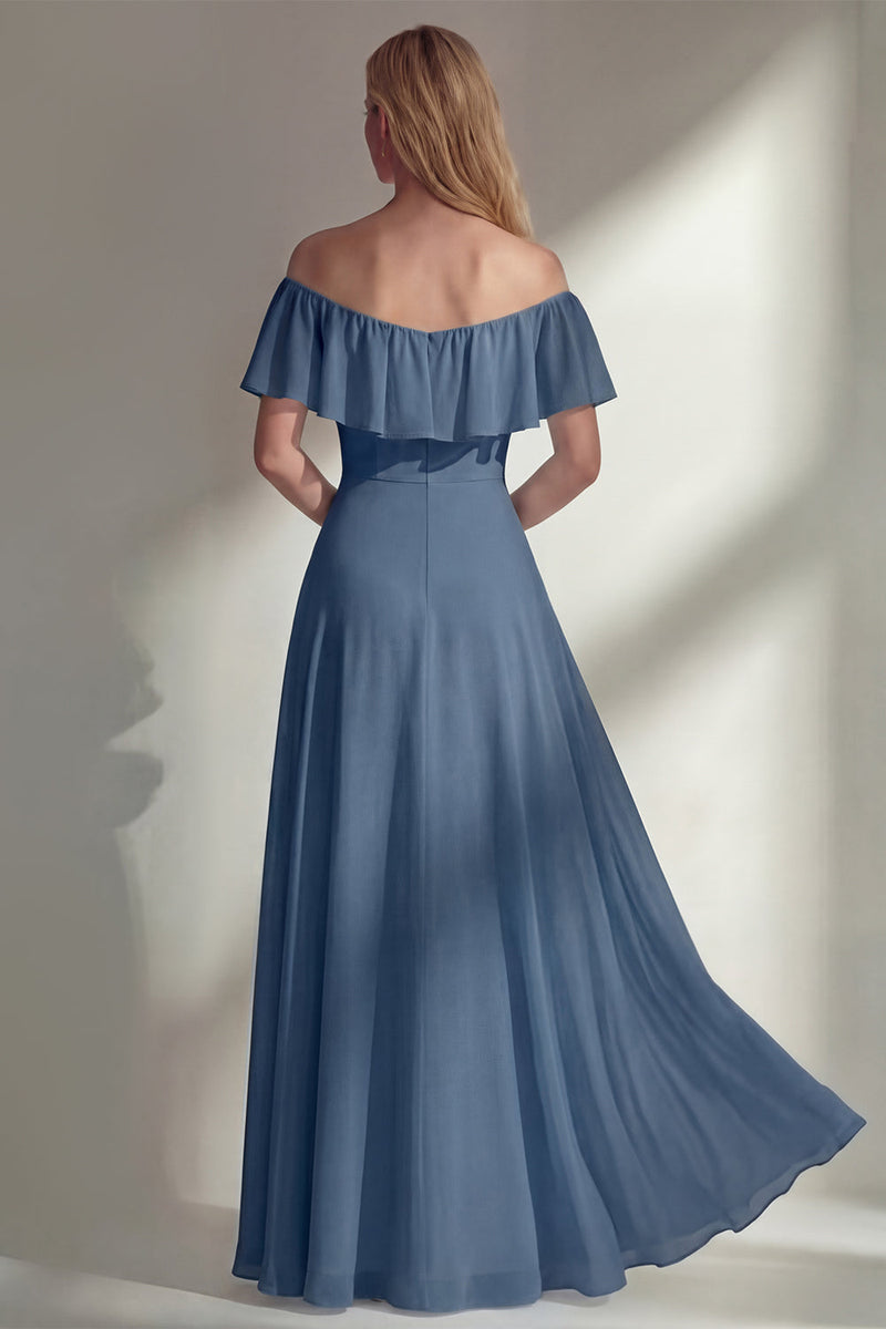 Load image into Gallery viewer, Off the Shoulder Ruffled A Line Burgundy Long Beach Wedding Guest Dress with Slit