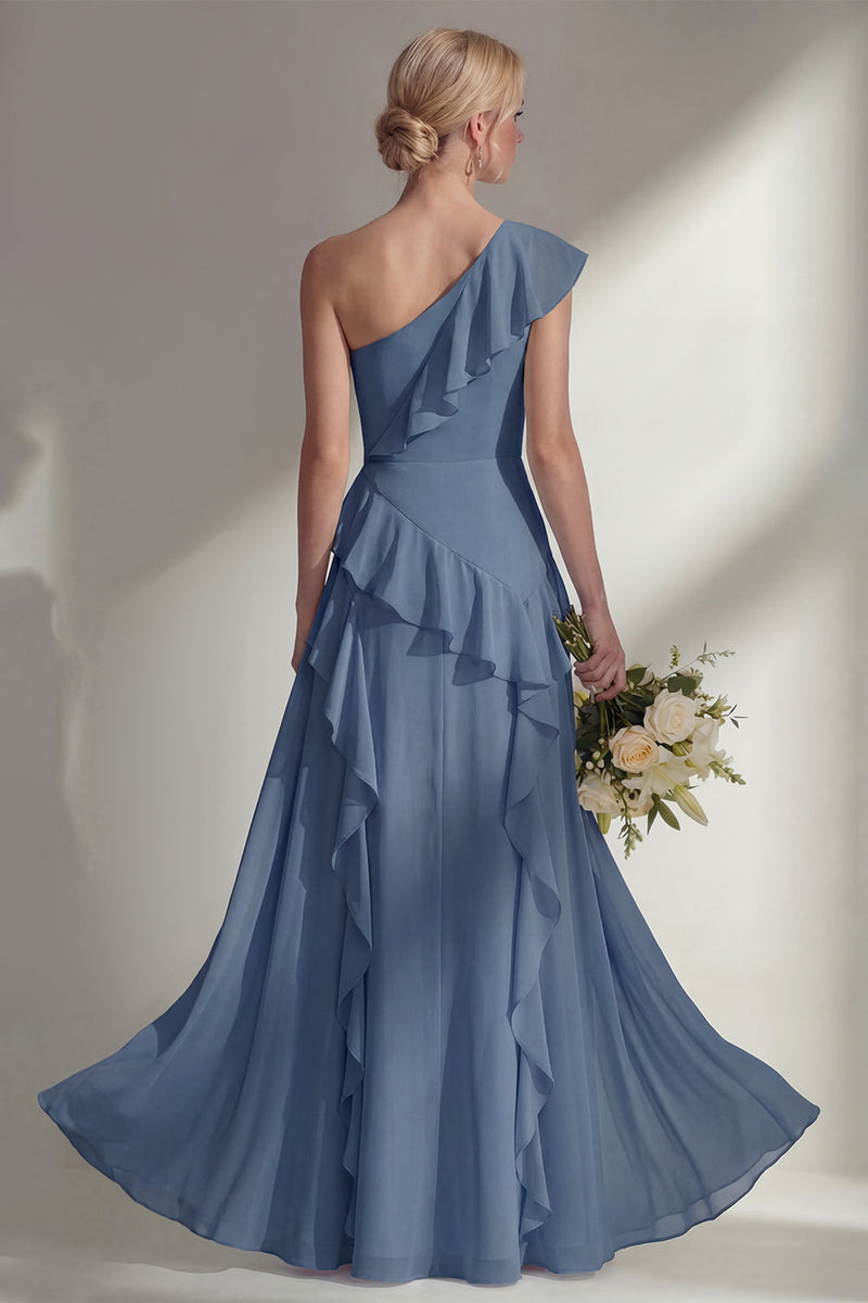 Load image into Gallery viewer, Mint One shoulder Ruffled A Line Long Beach Wedding Guest Dress with Slit
