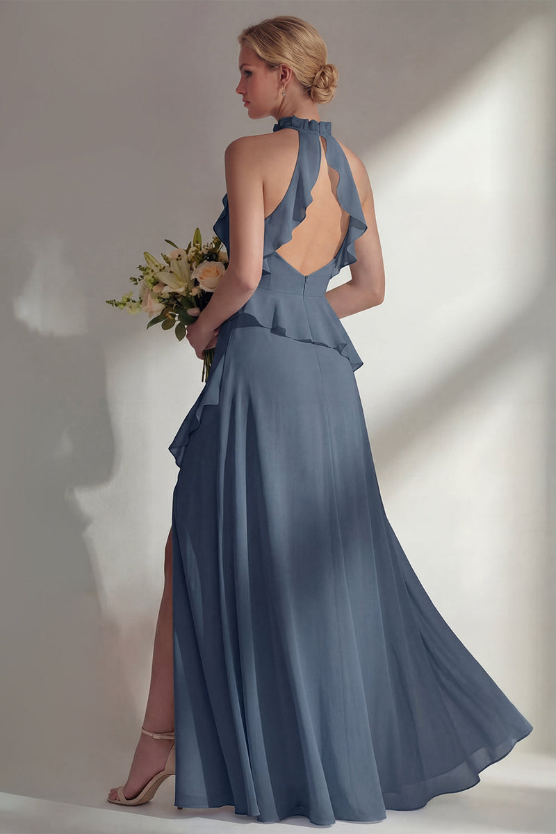Load image into Gallery viewer, A Line High Neck Butter Yellow Ruffled Long Beach Wedding Guest Dress with Slit