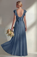 Load image into Gallery viewer, Emerald Boat Neck A Line Long Beach Wedding Guest Dress with Ruffles