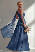 Load image into Gallery viewer, Burgundy One Shoulder Ruched A Line Long Beach Wedding Guest Dress with Side Cape