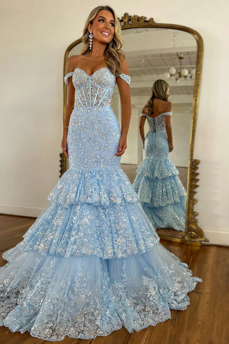 Load image into Gallery viewer, Sparkly Light Blue Off the Shoulder Ruffles Tulle Long Corset Prom Dress