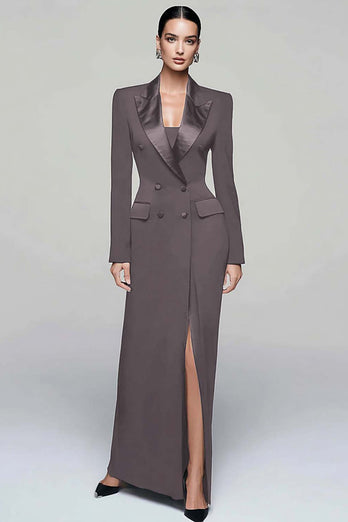Black Peak Lapel Double Breasted Pencil Long Blazer Dress with Sleeves
