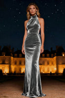 Load image into Gallery viewer, Purple Halter Neck Mermaid Long Velvet Holiday Party Dress