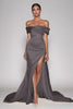 Load image into Gallery viewer, Dark Green Satin Off the Shoulder Sheath Long Prom Dress with Slit