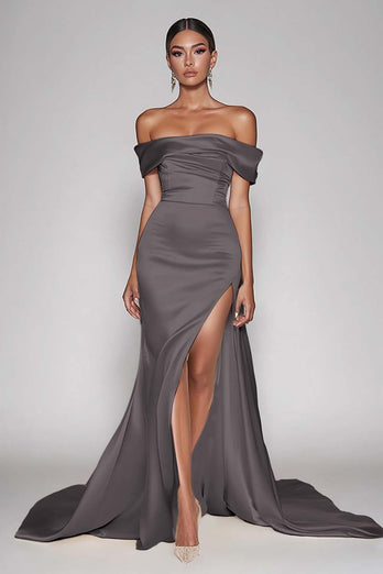 Dark Green Satin Off the Shoulder Sheath Long Prom Dress with Slit