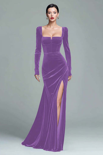 Dark Green Square Neck Velvet Long Holiday Party Dress with Slit