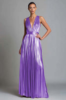 Load image into Gallery viewer, Sparkly Gold Metallic A-Line V-Neck Pleated Long Formal Dress