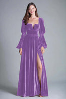 Load image into Gallery viewer, Burgundy A-Line Puff Sleeves Velvet Long Holiday Party Dress with Slit