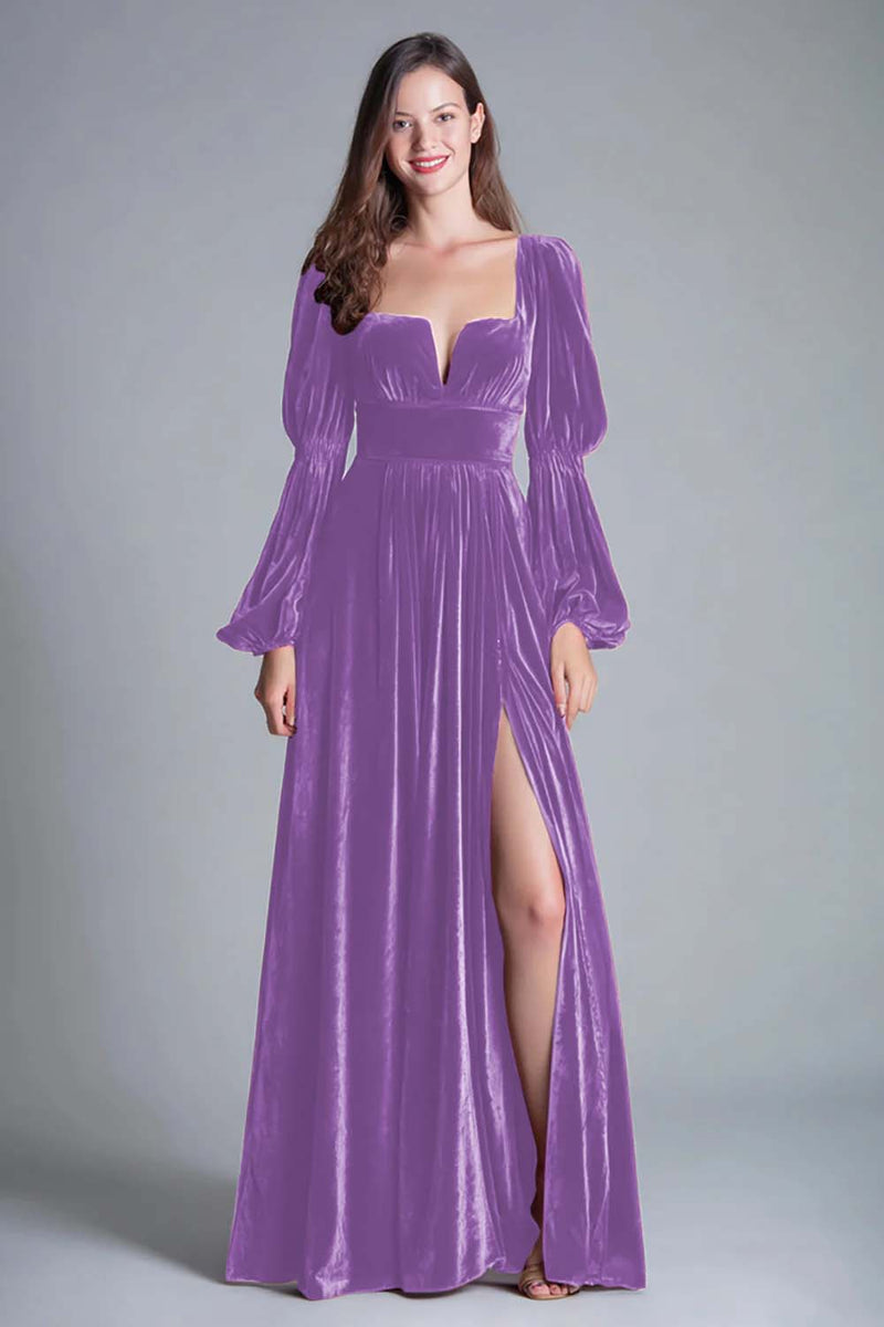 Load image into Gallery viewer, Burgundy A-Line Puff Sleeves Velvet Long Holiday Party Dress with Slit