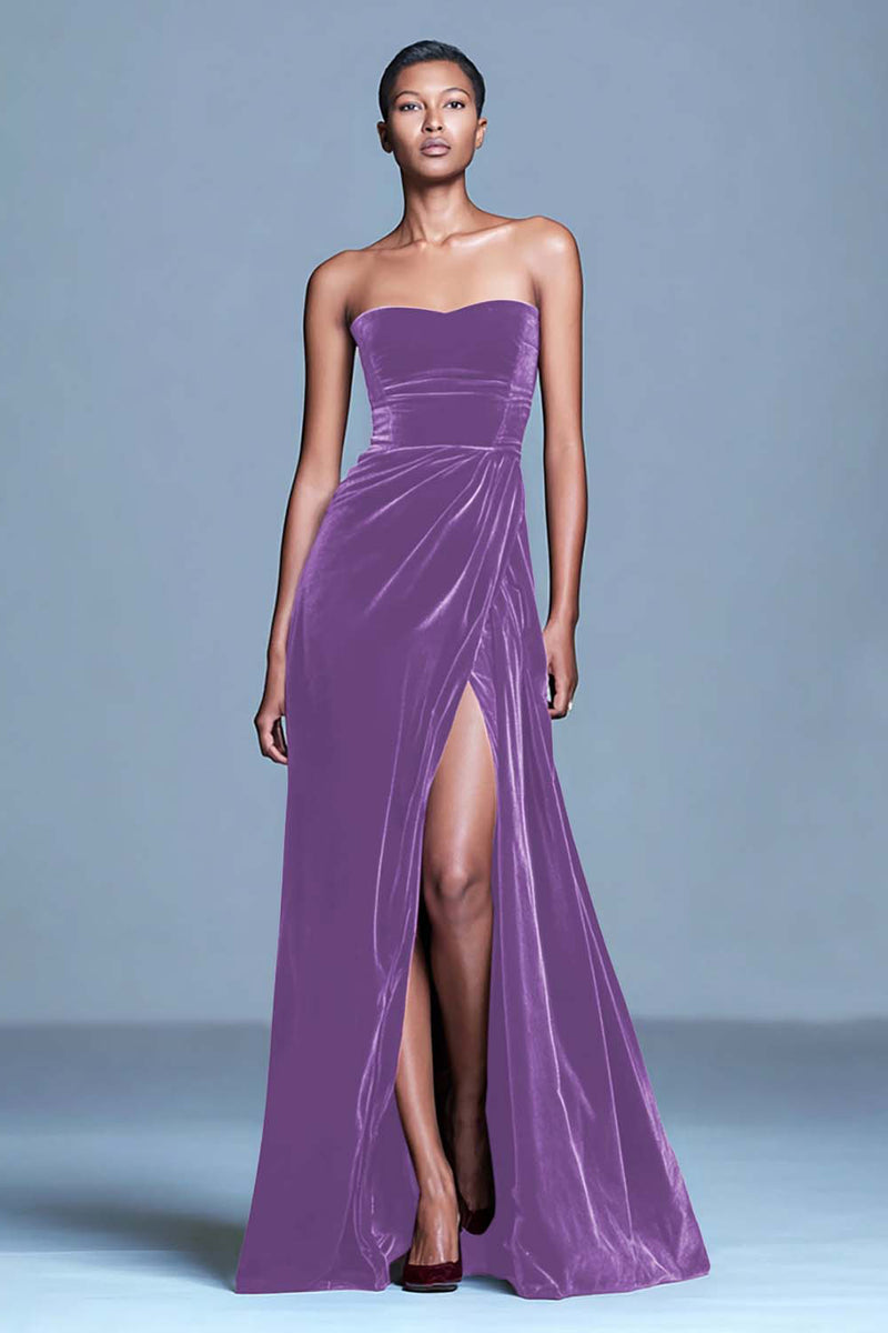 Load image into Gallery viewer, Burgundy Velvet Long Strapless Holiday Party Dress with Slit