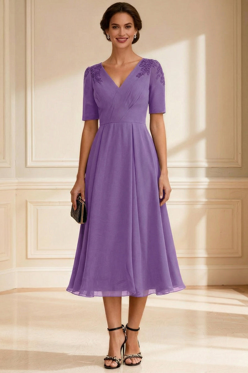 Load image into Gallery viewer, V-Neck Navy A-Line Midi Mother of the Bride Dress