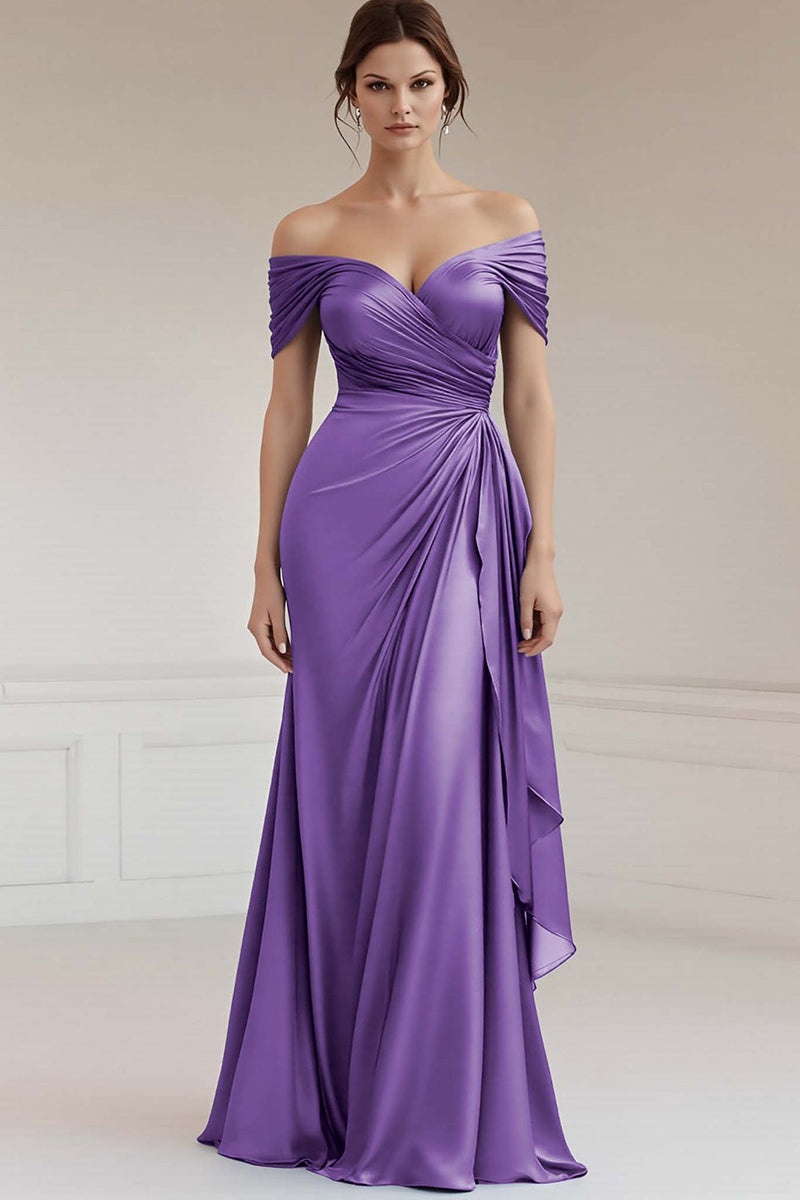 Load image into Gallery viewer, Peacock Sheath Satin Off the Shoulder Maxi Formal Dress
