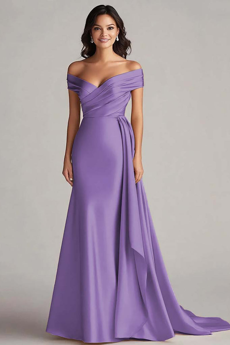 Load image into Gallery viewer, Peacock Mermaid Satin Off the Shoulder Maxi Formal Dress