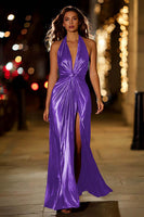 Load image into Gallery viewer, Sparkly Gold Metallic Halter Ruched Long Formal Dress with Slit