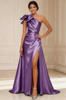 Load image into Gallery viewer, One Shoulder Silver A Line Long Mother of the Bride Dress with Bow