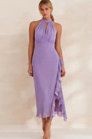 Load image into Gallery viewer, Navy Chiffon Ruffled Halter Ankle Length Work Dress with Slit