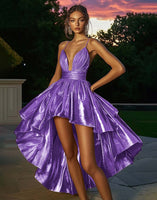 Load image into Gallery viewer, Sparkly Gold Metallic Ruched A Line High-Low Cocktail Dress