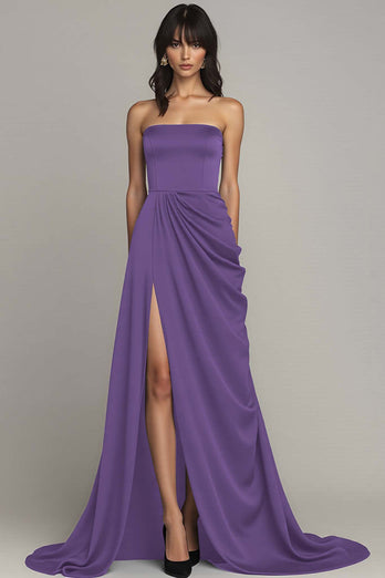 Peacock A Line Strapless Maxi Satin Formal Dress with Slit