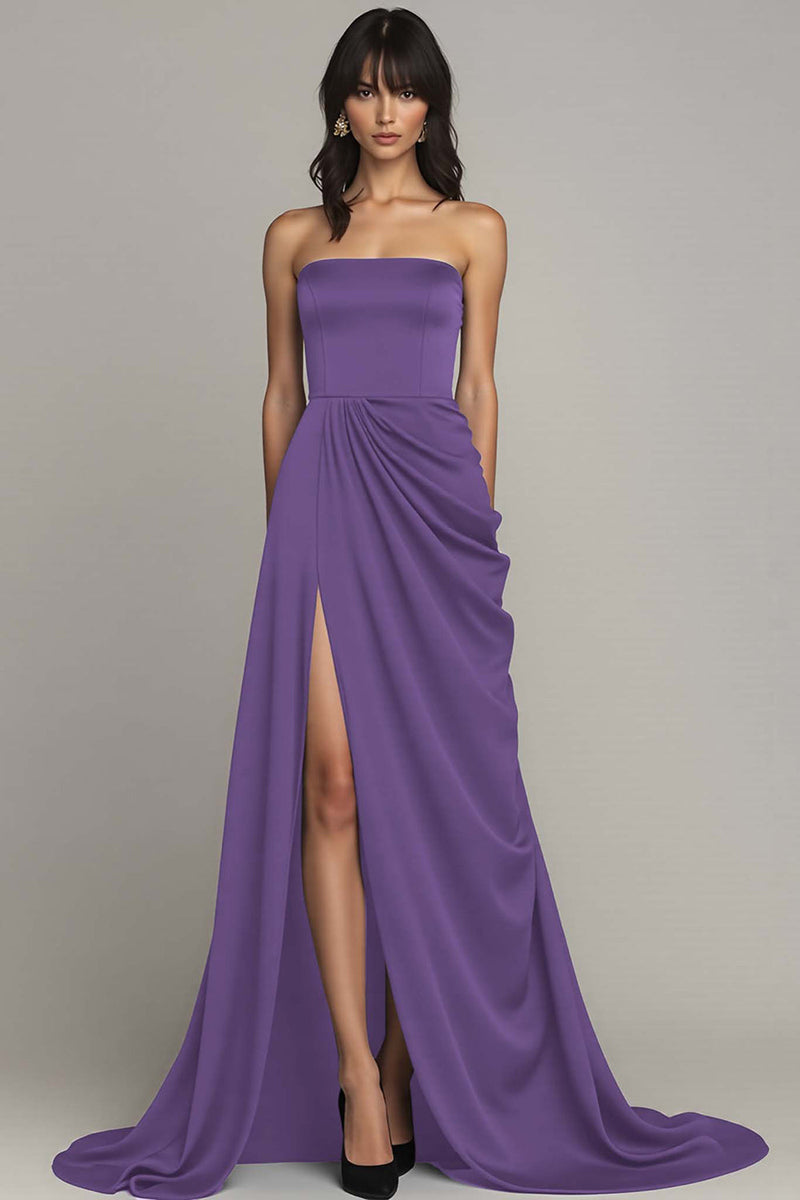 Load image into Gallery viewer, Peacock A Line Strapless Maxi Satin Formal Dress with Slit