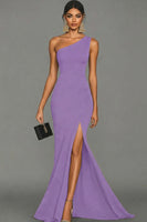 Load image into Gallery viewer, Dark Green Satin One Shoulder Mermaid Long Formal Dress with Slit