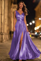 Load image into Gallery viewer, Sparkly Gold Metallic A-Line Ruched V-Neck Long Formal Dress with Slit