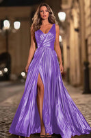 Load image into Gallery viewer, Sparkly Gold Metallic V-Neck Pleated A-Line Long Formal Dress with Slit