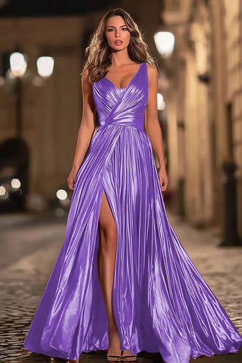 Sparkly Gold Metallic V-Neck Pleated A-Line Long Formal Dress with Slit