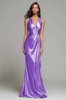 Load image into Gallery viewer, Sparkly Gold Metallic Ruched Mermaid V-Neck Long Formal Dress