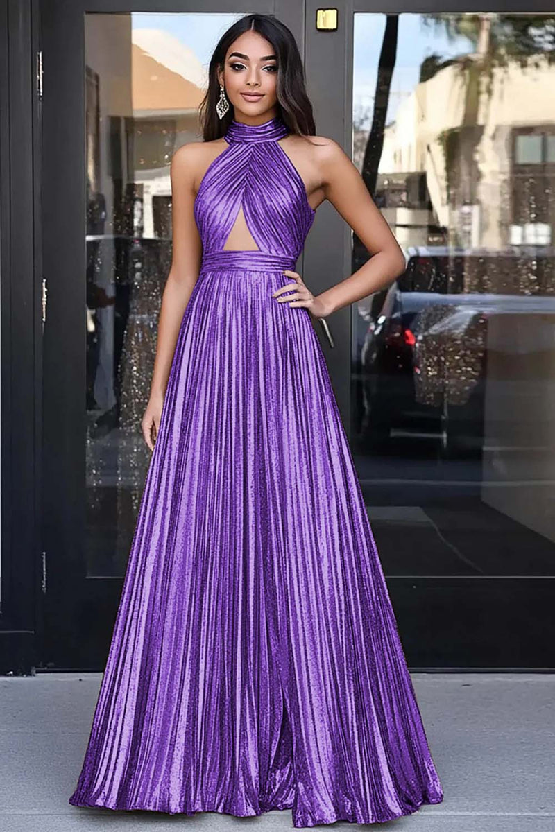 Load image into Gallery viewer, Metallic Gold Halter Keyhole A Line Long Prom Dress
