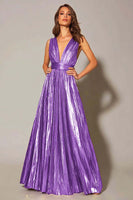 Load image into Gallery viewer, Sparkly Gold Metallic A-Line Pleated V-Neck Long Formal Dress
